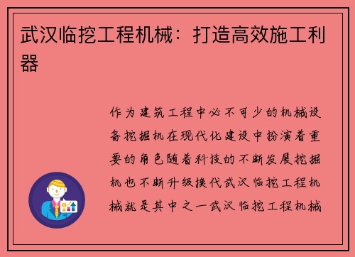 武汉临挖工程机械：打造高效施工利器
